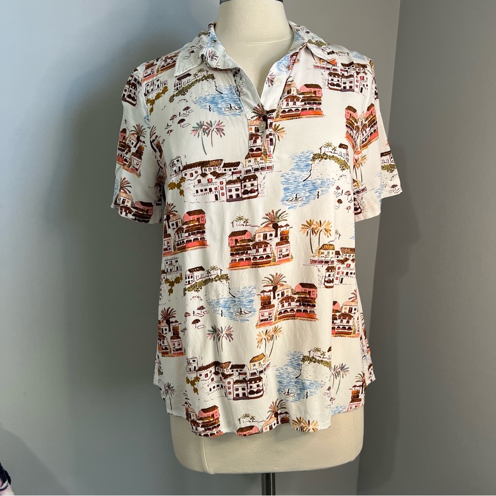Denim & Co. Beach Size M White Printed Short Sleeve Camp Shirt Natural Scenic